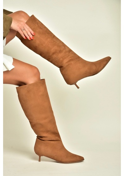 Fox Shoes Z726103402 Taba Süet Kısa İnce Topuklu Kadın Çizme