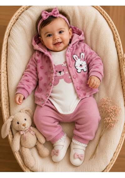 Mini Pakel Tavşan Kadife Desenli Kız Üçlü Takım 3-12 Aylık -ba1517300 - Somon