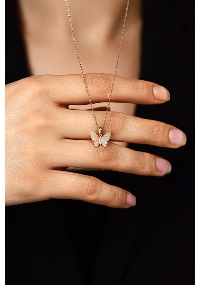 Zirkon Taşlı Rose Kabartmalı Kelebek Gümüş Kolye