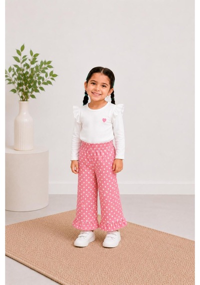 Toikids Pembe Puantiyeli Denım Bol Paça Pantolon Pembe