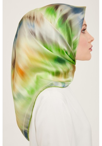 Armine Lacivert Neon Yeşil Batik Desen Tivil İpek Eşarp 9136-02