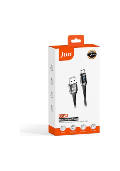 Juo 66W Dijital Led Ekranlı Örgülü Usb-a To Usb Type-c Hızlı Şarj ve Data Kablosu 2M