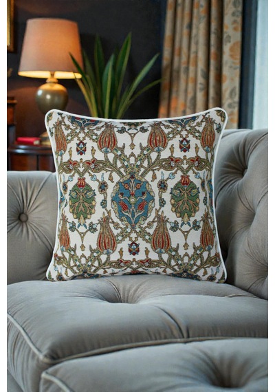 Kırlent Kılıfı Goblen Dokuma Kumaş - 45x45cm Çift Taraflı Biyeli Dekoratif Kırlent Kılıfı - Vs-1067 Çok Renkli