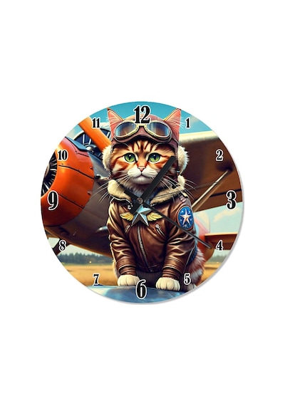 Pilot Kedi Desenli Duvar Saati