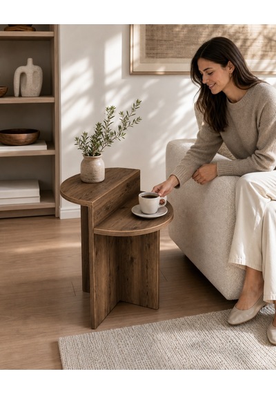 Luna Yan Sehpa Oval Hatlı Ahşap