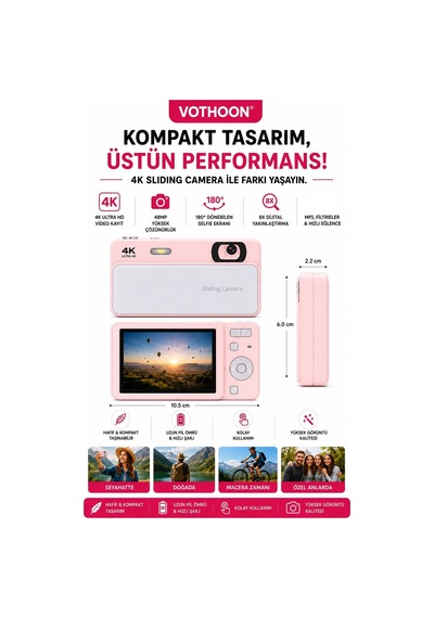 Dijital Kamera 4k Hd 48mp 8x Zoom Flaşlı Kayar Retro Video Kamera 2.4 Ekran 64gb Sd Kart Hediyeli Pembe