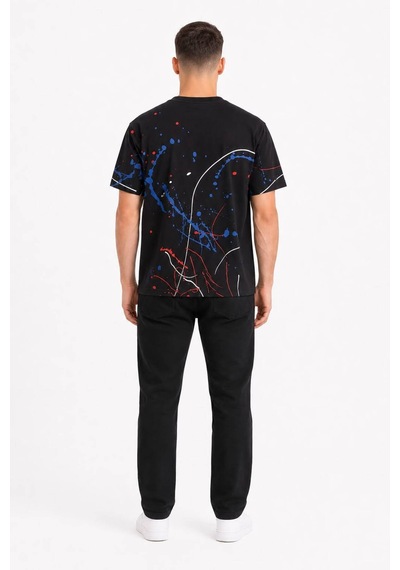 Erkek Baskılı Sıfır Yaka Regular Fit %100 Pamuk Unisex Tişört Siyah