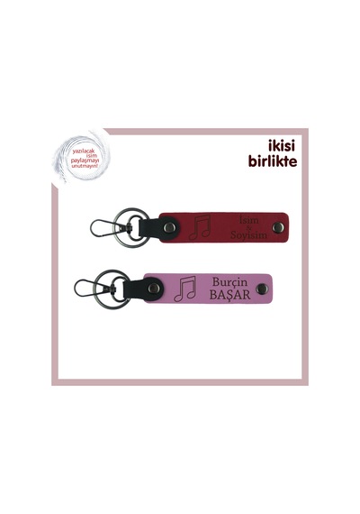 İsimle Bütünleşen Nota Figürü, Adınız Yazılabilir Deri Anahtarlık Takımı X2, Kırmızı-pembe