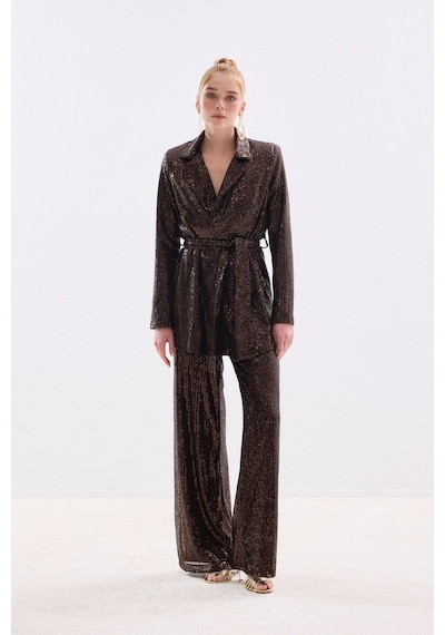 Sateen Kuşaklı Payet Ceket - Kahve-136682 Kahve