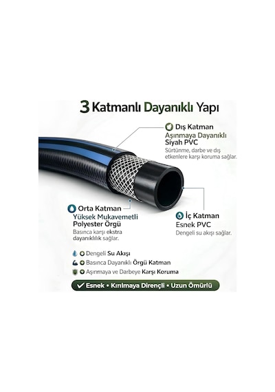 Tr 10 Metre Termo Kauçuklu Bahçe Hortumu Dayanıklı 3 Katlı Sağlam Su Sulama Yıkama Hortum 12.5 Mm 1/2