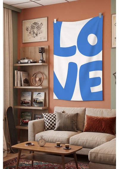 Love Mavi Tipografi Yazı Temalı Modern Dekoratif Duvar Örtüsü Duvar Halısı Beyaz