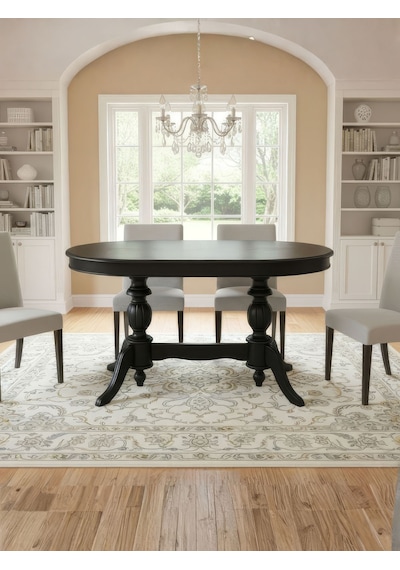 Montclair Çift Baba Ayaklı Masif Ahşap Oval Yemek Masası 90x140 Siyah