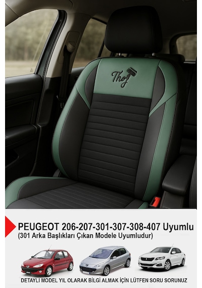 Thor Tay Tüyü Oto Koltuk Kılıfı Peugeot 206-207-208-306-307-407- Uyumlu Yeşil