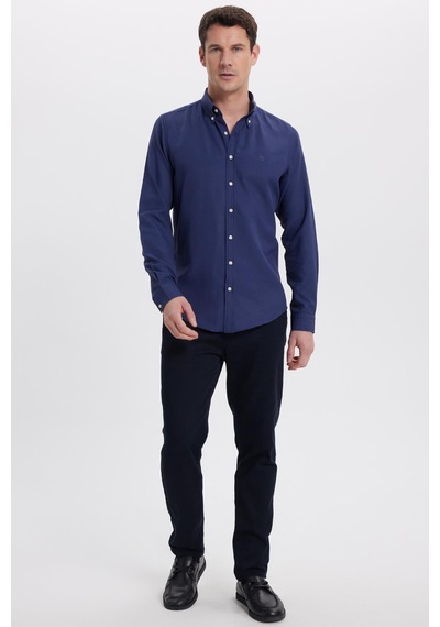 Tudors Erkek Slim Fit Dar Kesim Düz Oxford Armalı Yaka Düğmeli Lacivert Spor Gömlek-42013 Lacivert