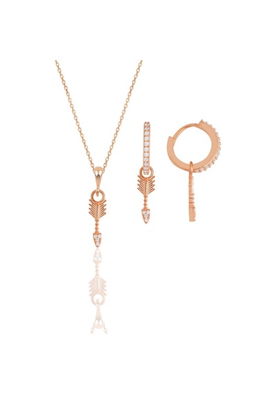 Gümüş Rose Zirkon Taşlı Ok Kolye Ve Küpe İkili Set