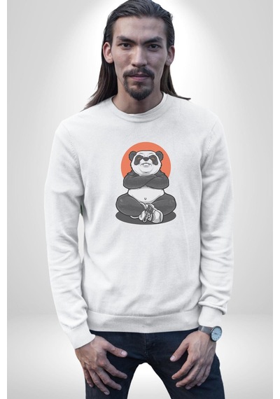 Yoga Panda Unisex Beyaz Baskılı Sweatshirt Beyaz