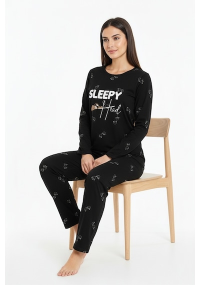 Sleepy Yazılı Elite Viscose Pijama Takımı Uzun Siyah 3552 Siyah