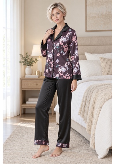 Loule Kadın Siyah Çiçekli Gömlekli Saten Pijama Takımı Uzun Kollu