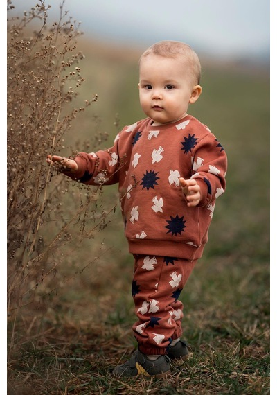 Antebies Organik Gots Sertifikalı Gün Batımı Kuş & Güneş Desenli, Uzun Kollu, Ribanalı Sweatshirt, Bel Lastikli Bağcıklı Pantolonlu Bebek Takımı Turuncu