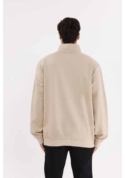 Rowinger Üç Cepli Yaka Detaylı Fermuarlı Rahat Kesim Ribana Manşetli Mevsimlik Sweatshirt Beıge