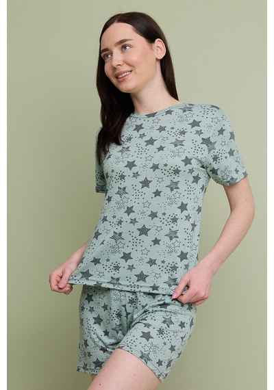 Fullamoda Yıldız Desenli Bisiklet Yaka Şortlu Pijama Takımı Haki