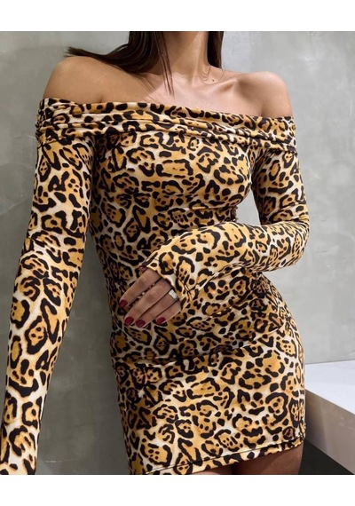 Nnstartshopping Kadın Madonna Mendil Yaka Leopar Desen Mini Elbise Leopar