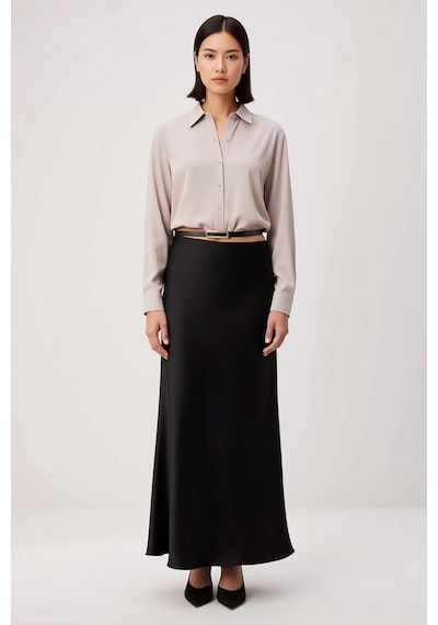 Benerly Kadın İnce Askılı Crop Top Saten Etek Takımı Kemer Detaylı Midi B Siyah
