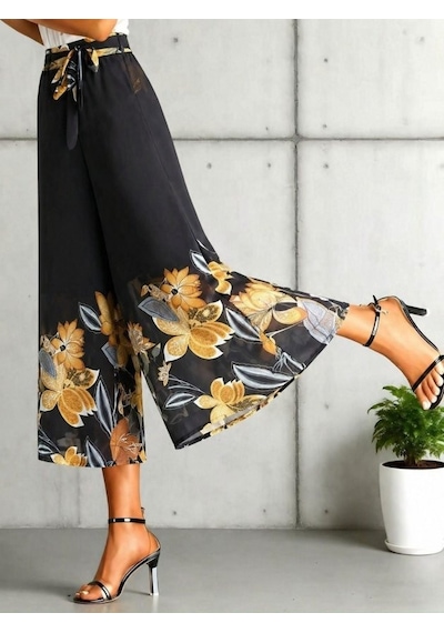 Efnaz Style Kadın Yüksel Bel Belinde Kuşak Detaylı Çiçek Baskılı Astarlı Şifon Pantolon Sarı