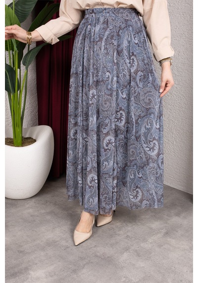 Hira Life Fashion Asimetrik Kesim Etnik Desen Astarlı Tül Tesettür Etek Gri Gri