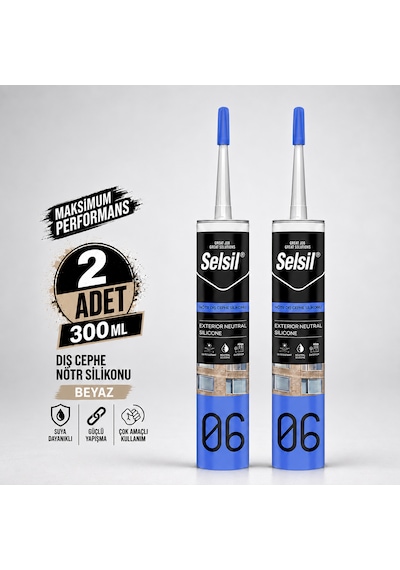 Selsil Beyaz Nötr Dış Cephe Silikonu 300 Ml Uv Dayanımlı Cam Pvc Beton Derz Dolgu Mastiği 2 Adet