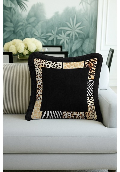 Safari Patchwork Saçaklı Yastık Kılıfı-lüks Afrika Bohem Siyah Altın Renkli Püsküllü Kırlent Kılıfı Tozlu Zeytin