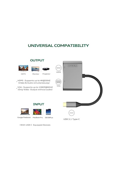 Usb 3.1 Type-C To 4K Hdmi + Vga Çevirici Adaptör Kablo Apple Uyumlu MacBook