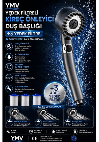 Ymv Masajlı Filtreli Duş Başlığı Yüksek Basınçlı Banyo Başlığı Su Tasarruflu 3 Yedek Filtreli Gri
