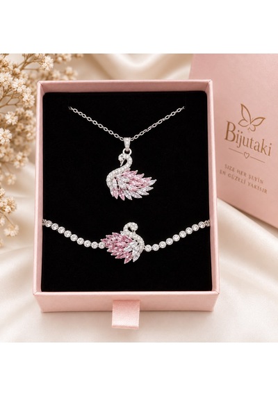 Bijutaki Pembe Taşlı Kuğu Figürlü Kolye Ve Bileklik Seti Gümüş Renk 2 Li Takı Seti