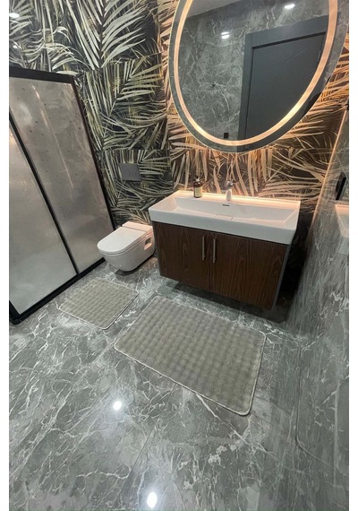 Modern Bubble Yıkanabilir Kaymaz Peluş Banyo Paspası Halısı 2'li Klozet Takımı 60x100 Ve 50x60 Kum