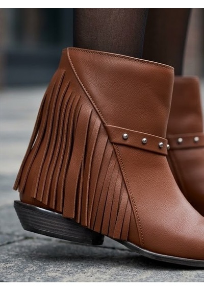 Futsishoes Camelot Taba Hakiki Deri Püskül Detaylı Kadın Kısa Topuklu Bot