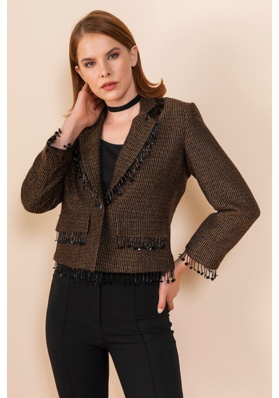 Serpil Exclusive Kadın Püskül Detaylı Kısa Blazer Ceket Kahve