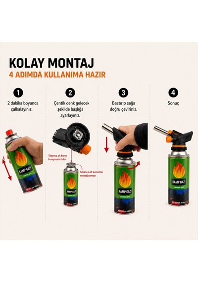 2+1 Çakmaklı Pürmüz Yedek Kartuşu Kamp Gazı 400 Ml Piknik Kamp Mangal Mutfak Ateş Tutuşturucu Yeşil