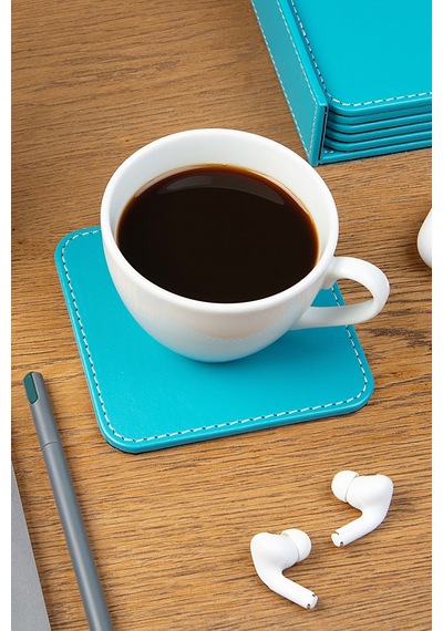 Bardak Altlığı,6 Lı Set,masaüstü Kare Cup Coaster,vegan Suni Deri,11x11 Cm.,turkuaz