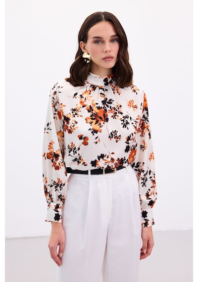Sateen Dik Yaka Bluz - Oranj-136868 Oranj