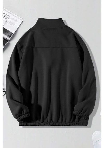 Ghassy Co. Erkek Yarım Fermuarlı Oversize Bel Ve Kol Lastikli İçi Polarlı Sweatshirt Siyah