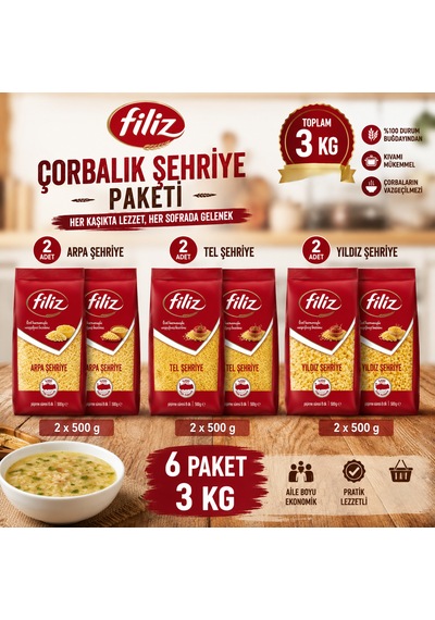 Filiz Çorbalık Şehriye Seti - 6'lı Set - 2 Adet Yıldız Şehriye - 2 Adet Arpa Şehriye - 2 Adet Tel Şehriye - Avantaj Paketi