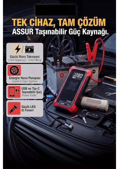 4'ü 1 Arada Dijital Göstergeli Powerbank Led Fener Hava Kompresörü Şarjlı Akü Takviye Cihazı