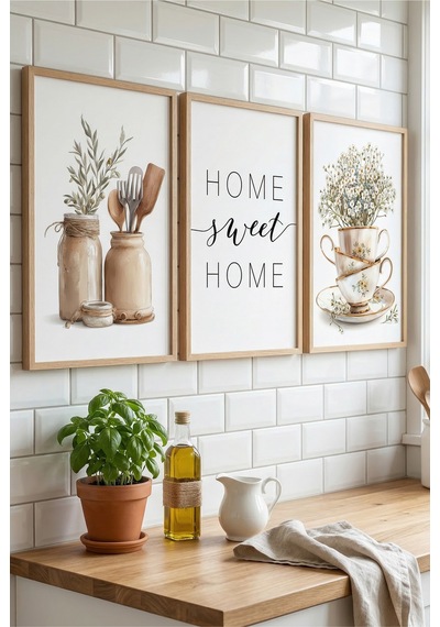 Doğal Ahşap Çerçeveli Home Sweet Home Mutfak Temalı Duvar Tablosu 3 Lü Set Ahşap