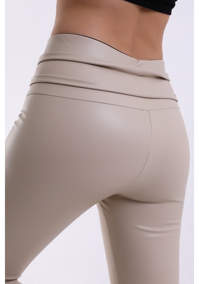 Winmoda34 Beli Detaylı Içi Kalın Kürklü Termal Push Up Kadın Deri Tayt Ekru