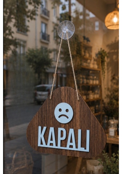 Ahşap Lazer Kesim Emoji Figürlü Açık-kapalı Tabelası - Ceviz