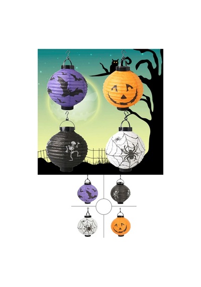 Halloween 20 Cm Led Işıklı İskelet Desenli Siyah Renk Kağıt Japon Feneri Tüm Yaşlar