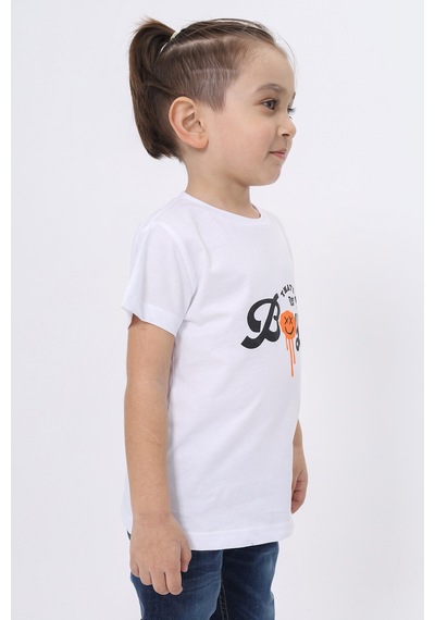 Toontoy Kids Toontoy Erkek Çocuk Bisiklet Yaka Kısa Kollu Baskılı Tişört 24103 Beyaz