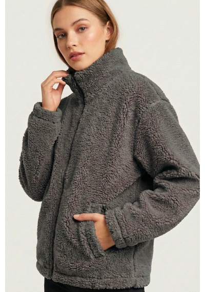 Kadın Peluş Tam Fermuarlı Cepli Sherpa Kuzu Kumaş Oversize Peluş Polar Sweatshirt Füme