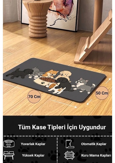 Matgo Pati Kedi Köpek Beslenme Matı 50x70cm Köpek Sofrası Su Geçirmez Kaymaz Mama Kabı Altlık Paspas